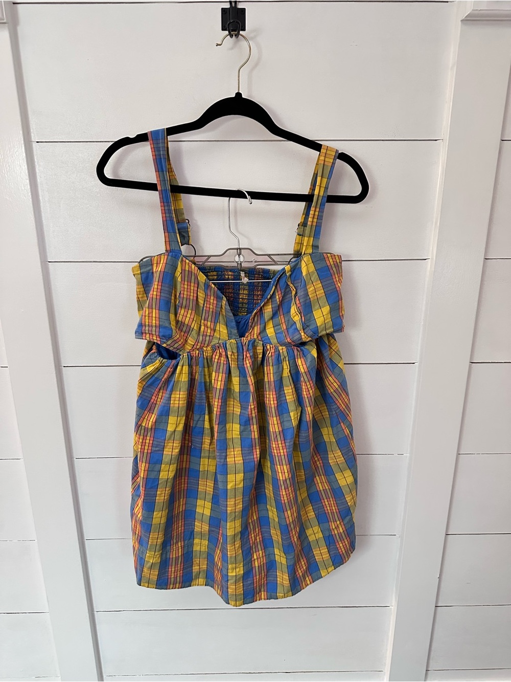 Free People M Bridget yellow-blue plaid open halter 100% cotton back mini dress - Picture 2 of 13